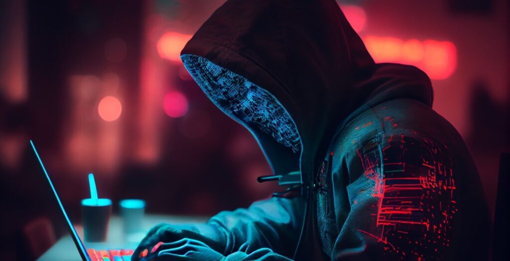 Crypto News Hacker Writing A Code On His Laptop Blurry Background Dark Neon Color Cyberpunk.jpg